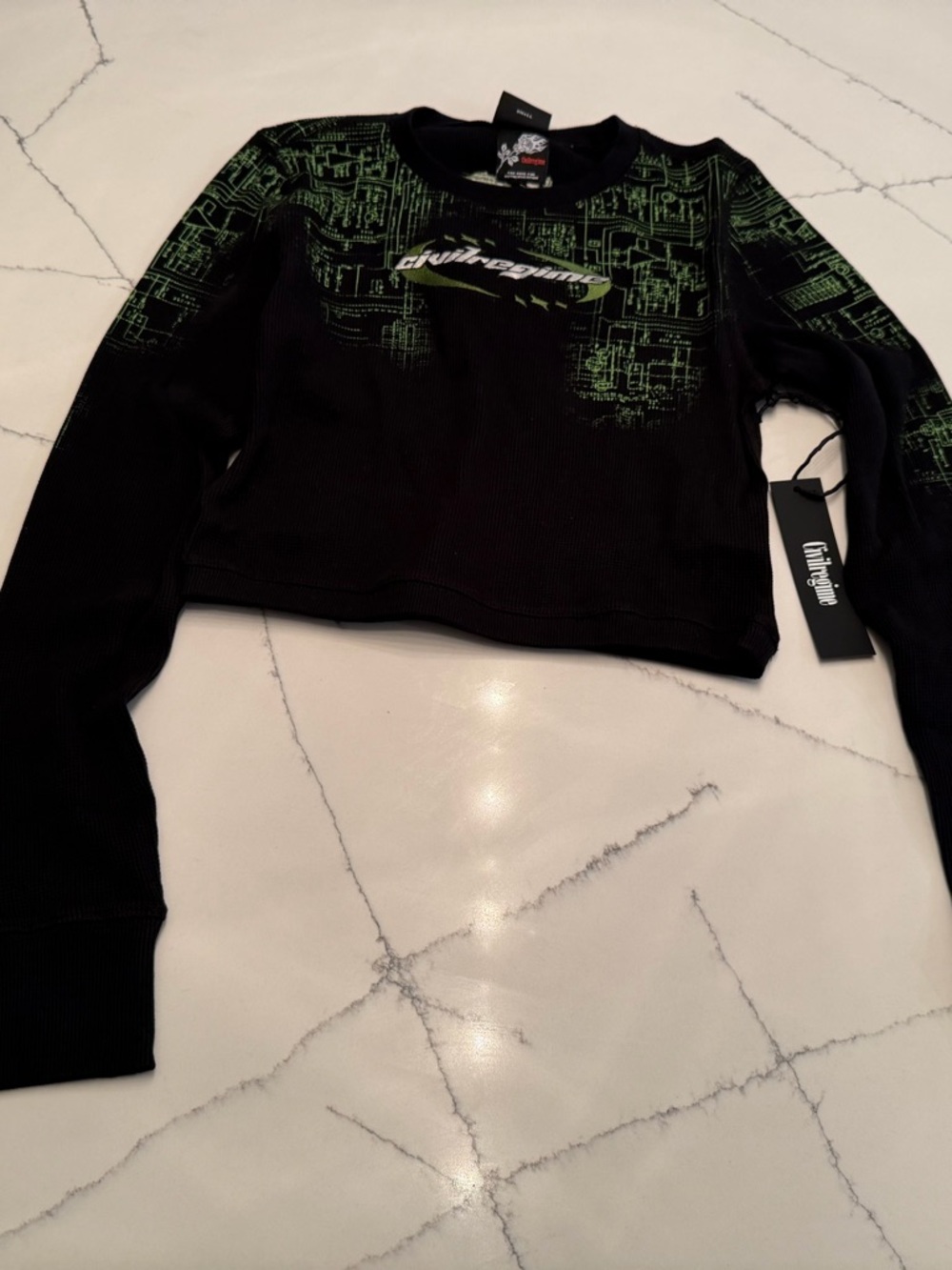 Civil Regime Black Cropped Thermal Long Sleeve with Neon Green Graphic